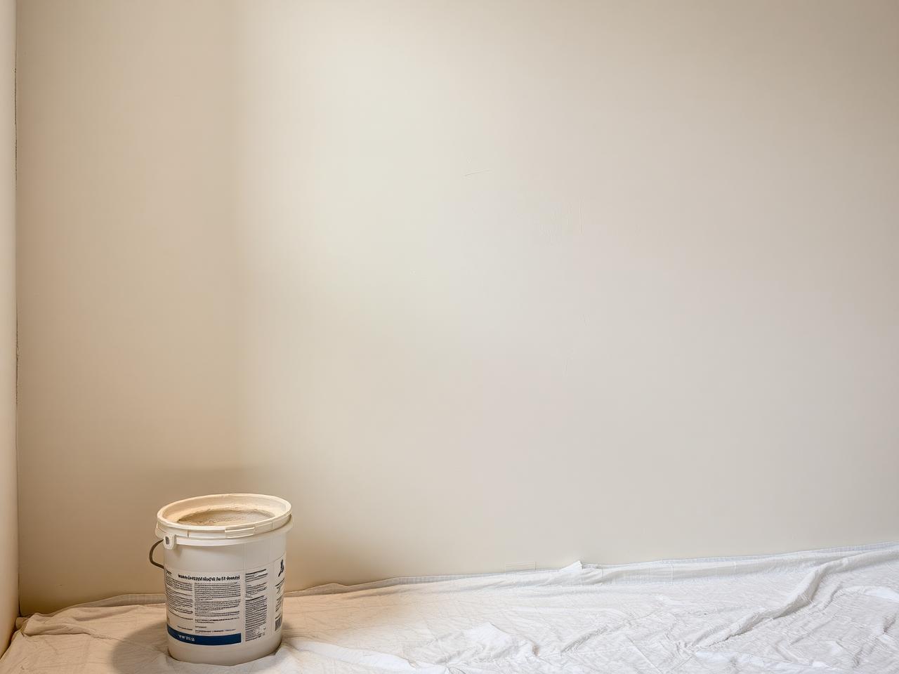 Frisch gespachtelte Wand mit Farbeimer und Abdeckfolie