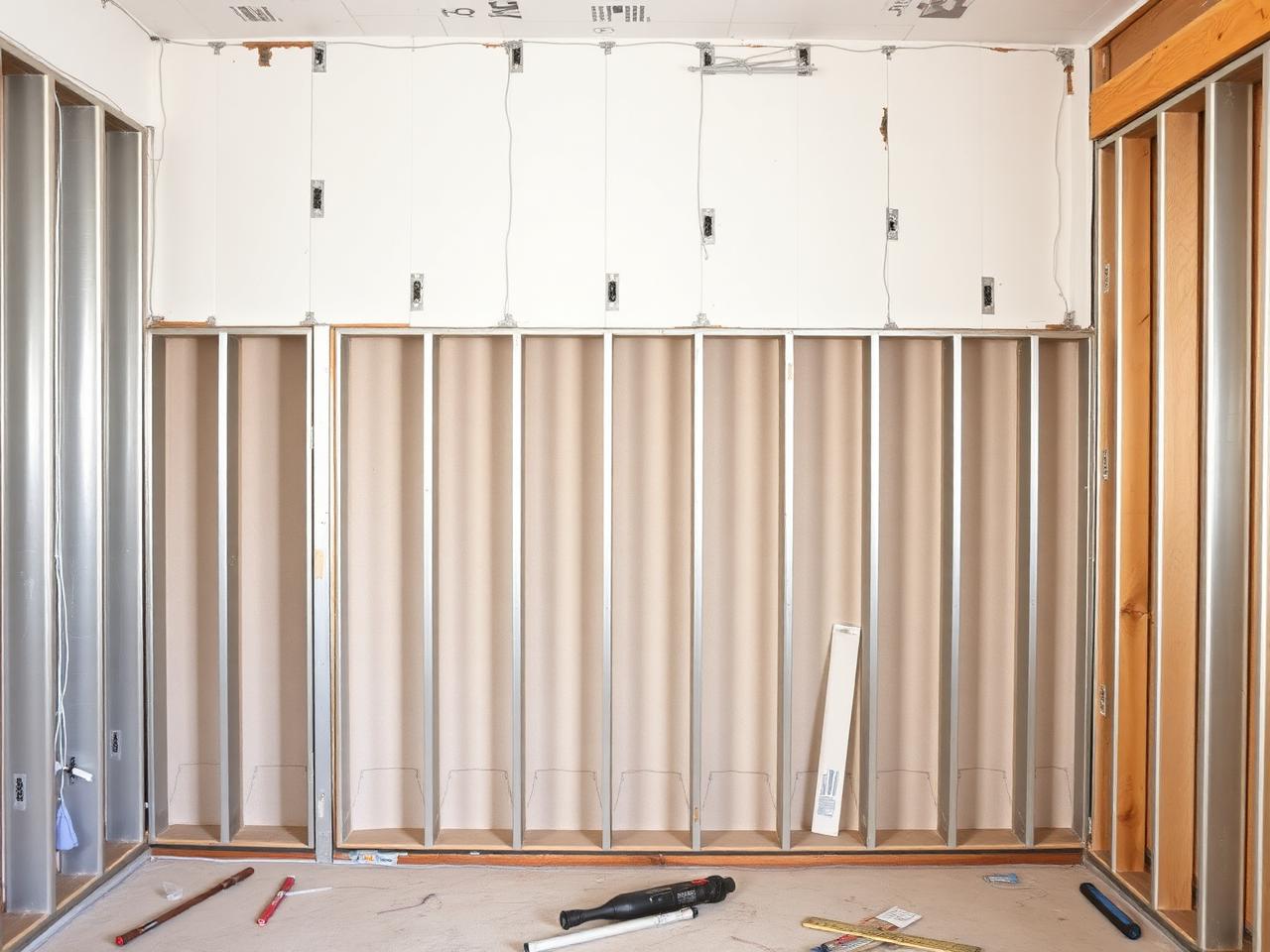 Trockenbau-Innenwand mit Metallständerwerk im Bau